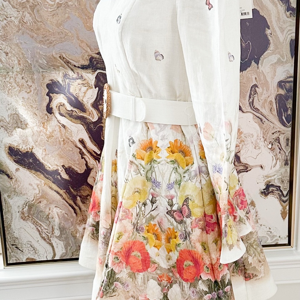 New! Zimmermann Tranquillity Butterfly Floral Linen Mini Dress - Picture 5 of 12